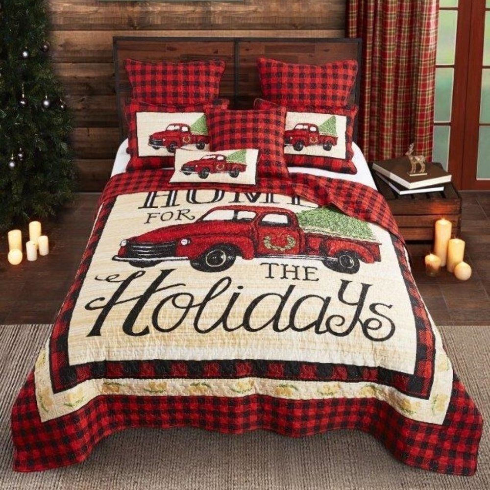 Red Vintage Truck Christmas Printed Queen Quilt Set Holiday Farmhouse Cottage